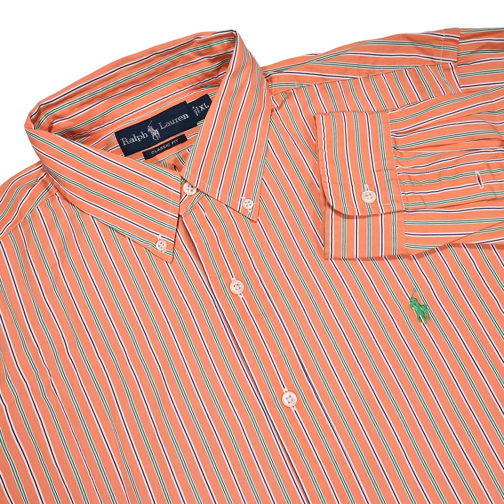 RALPH LAUREN Men's XL Orange Green Stripes Classic Fit Button Up Dress Shirt